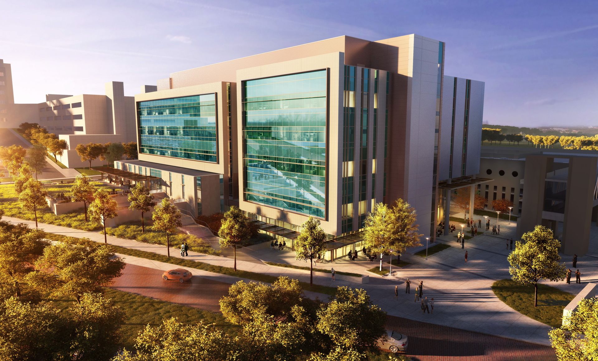 An artist 's impression of a large building with a lot of windows surrounded by trees.