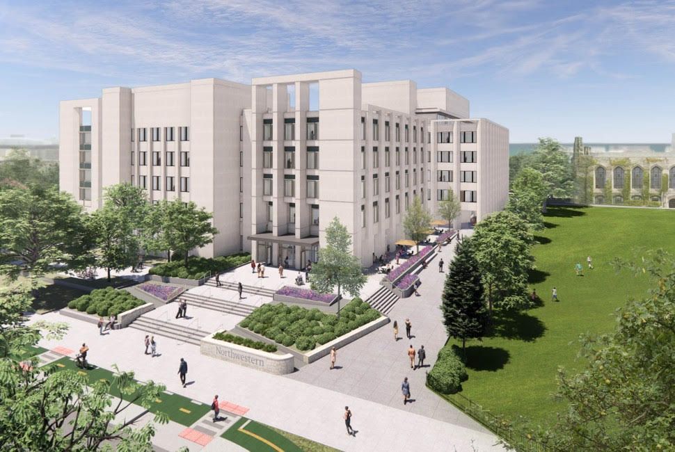 An artist 's impression of a large white building surrounded by trees and grass.