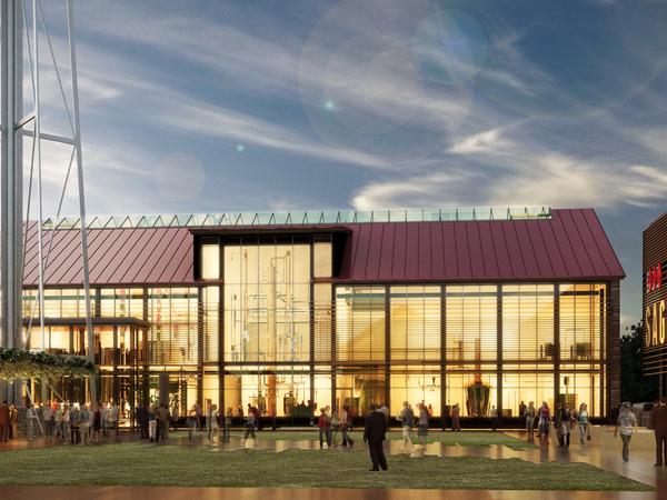 An artist 's impression of a large building with a red roof