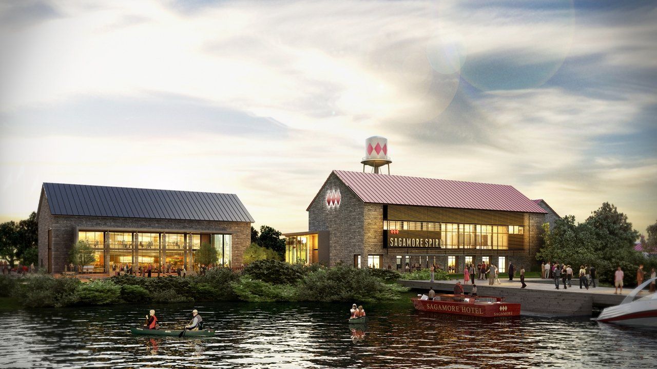 An artist 's impression of a building next to a body of water.