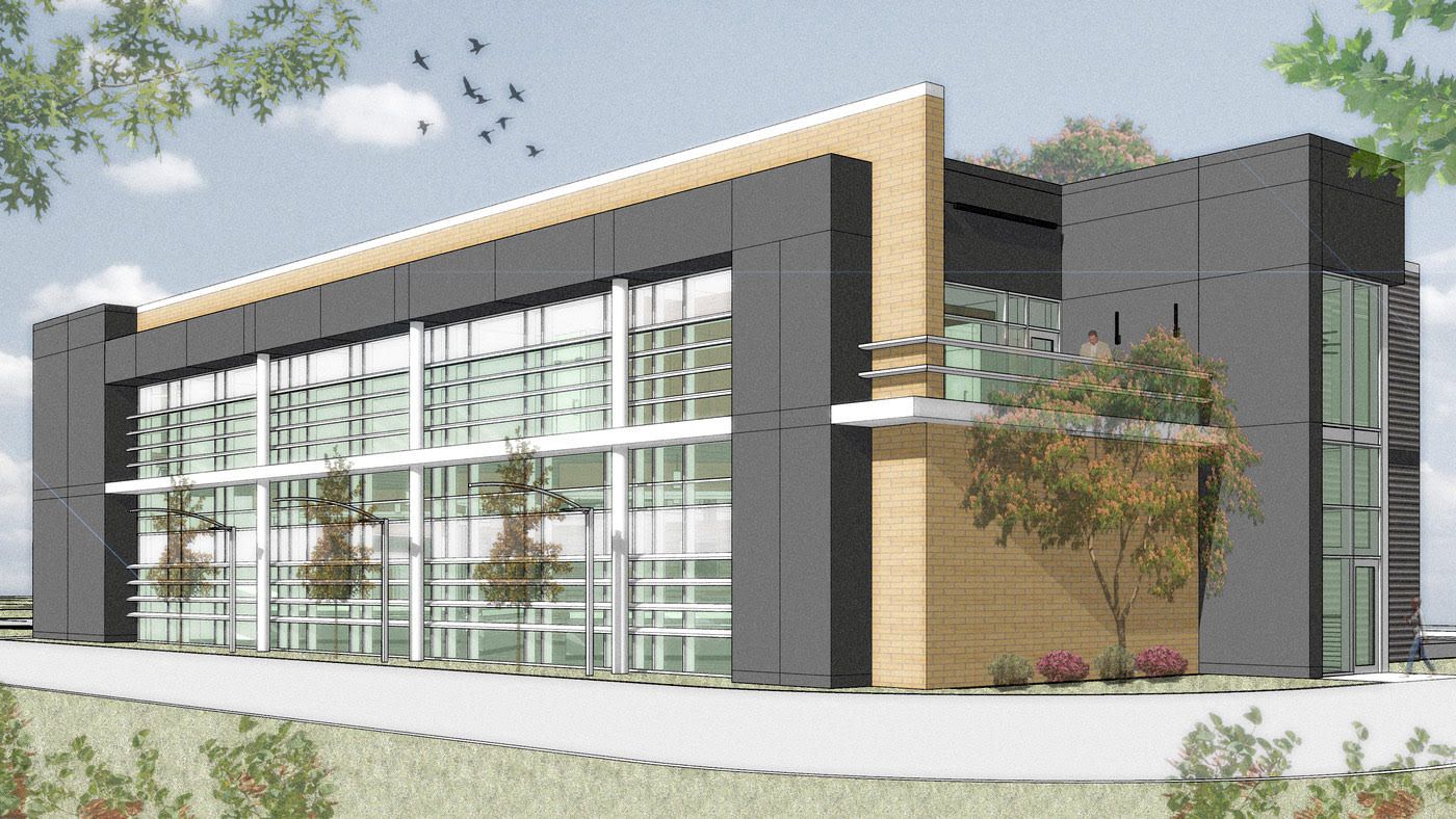 An artist 's impression of a large building with lots of windows