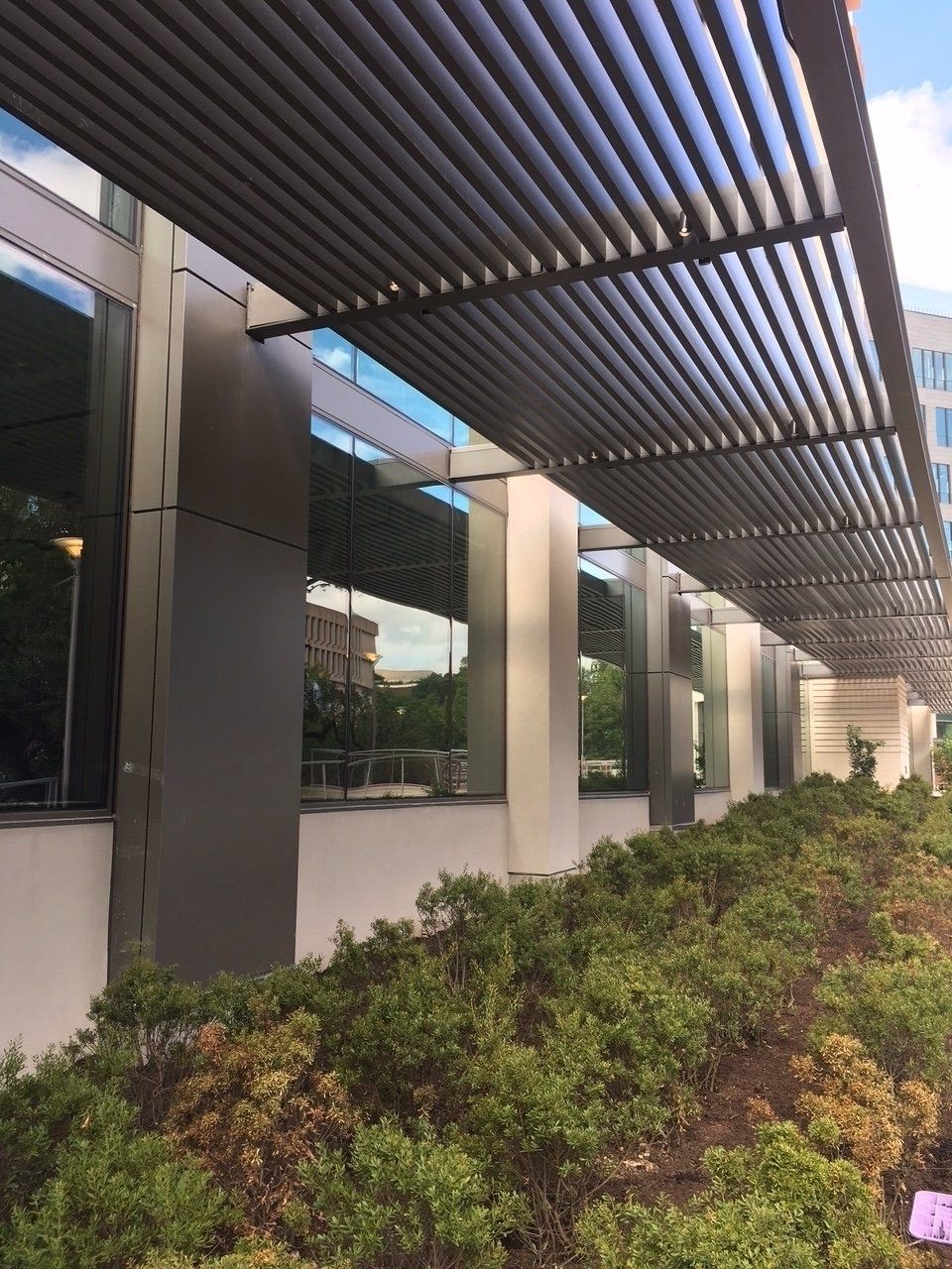 A building with a lot of windows and a canopy over it