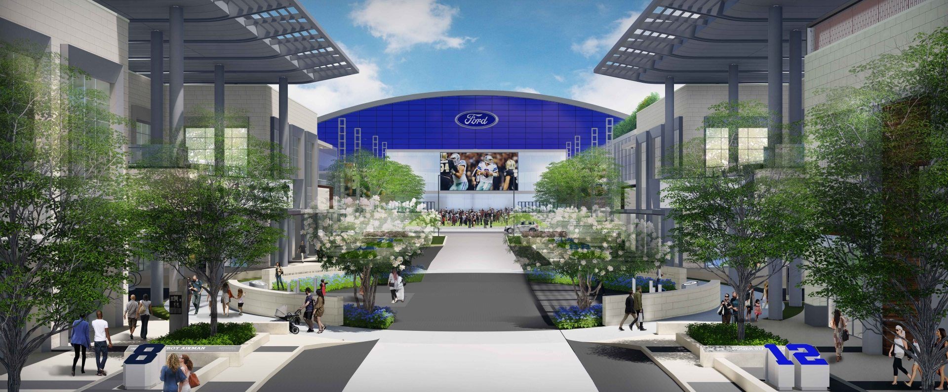 An artist 's impression of a large building with a stage in the middle.