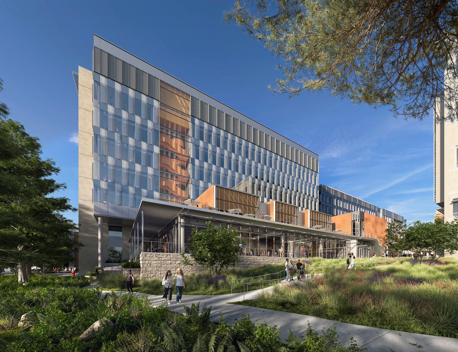 An artist 's impression of a large building with a lot of windows surrounded by trees.