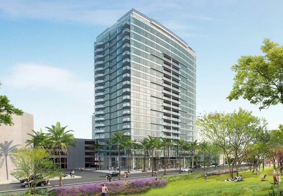 An artist 's impression of a tall building with lots of windows