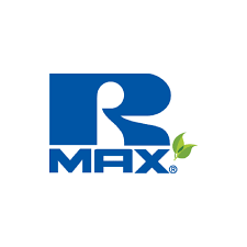 A blue and white logo for a company called r max.