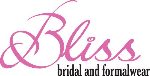 Pink "Bliss" logo, cursive font, with "bridal and formalwear" text below.