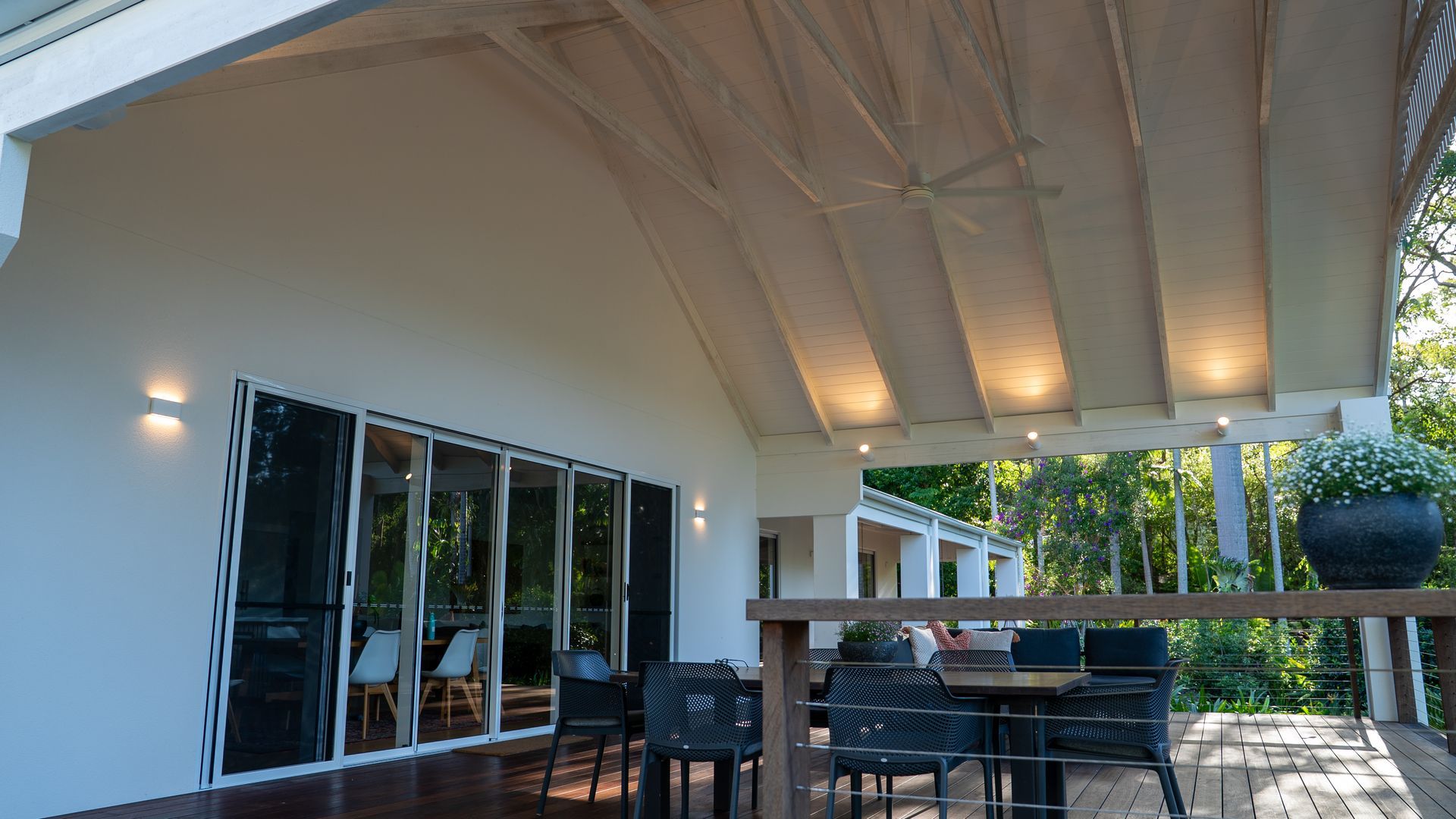 Covered Patio With Outdoor Dining Table, Chairs — Ralph Ottmann Electrical in Noosaville, QLD