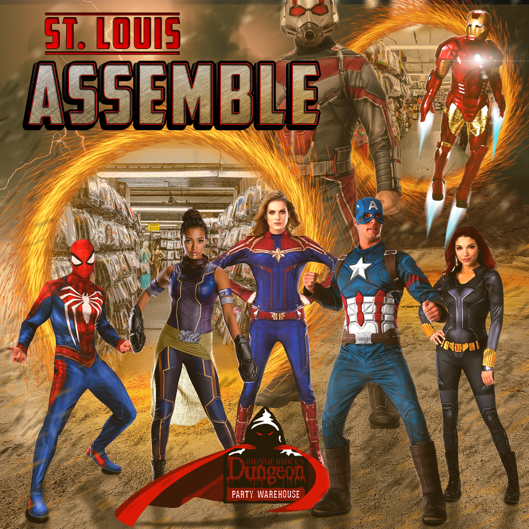 A poster for st. louis assemble featuring spider man captain america iron man and black widow