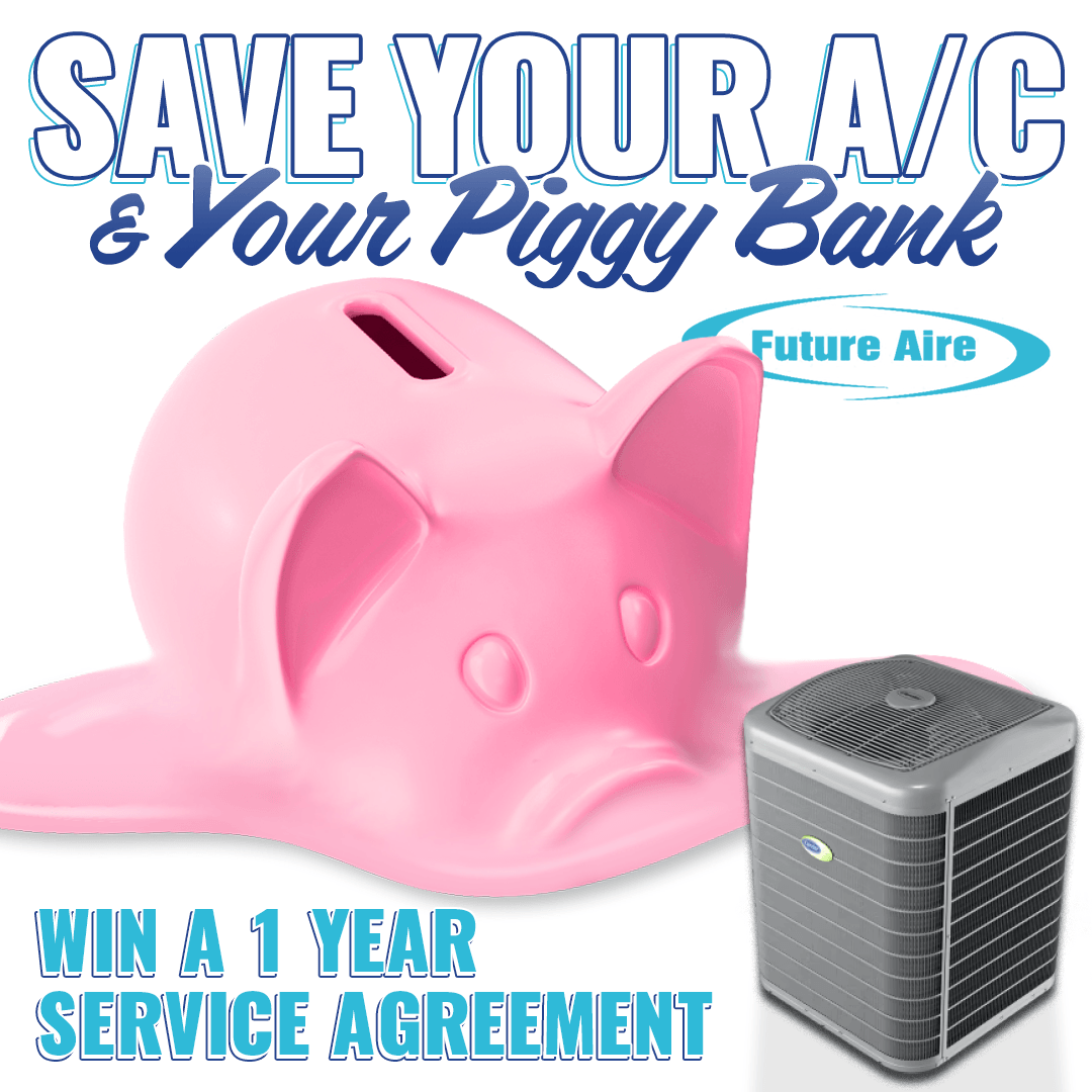 A pink piggy bank next to an air conditioner that says save your a/c & your piggy bank win a 1 year service agreement