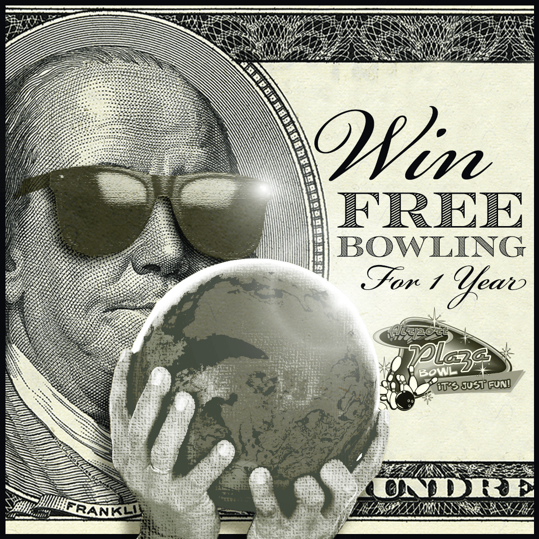 Ben Franklin wearing sunglasses is holding a bowling ball in front of a dollar bill.