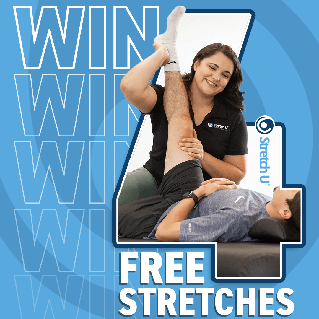A poster that says win free stretches on it