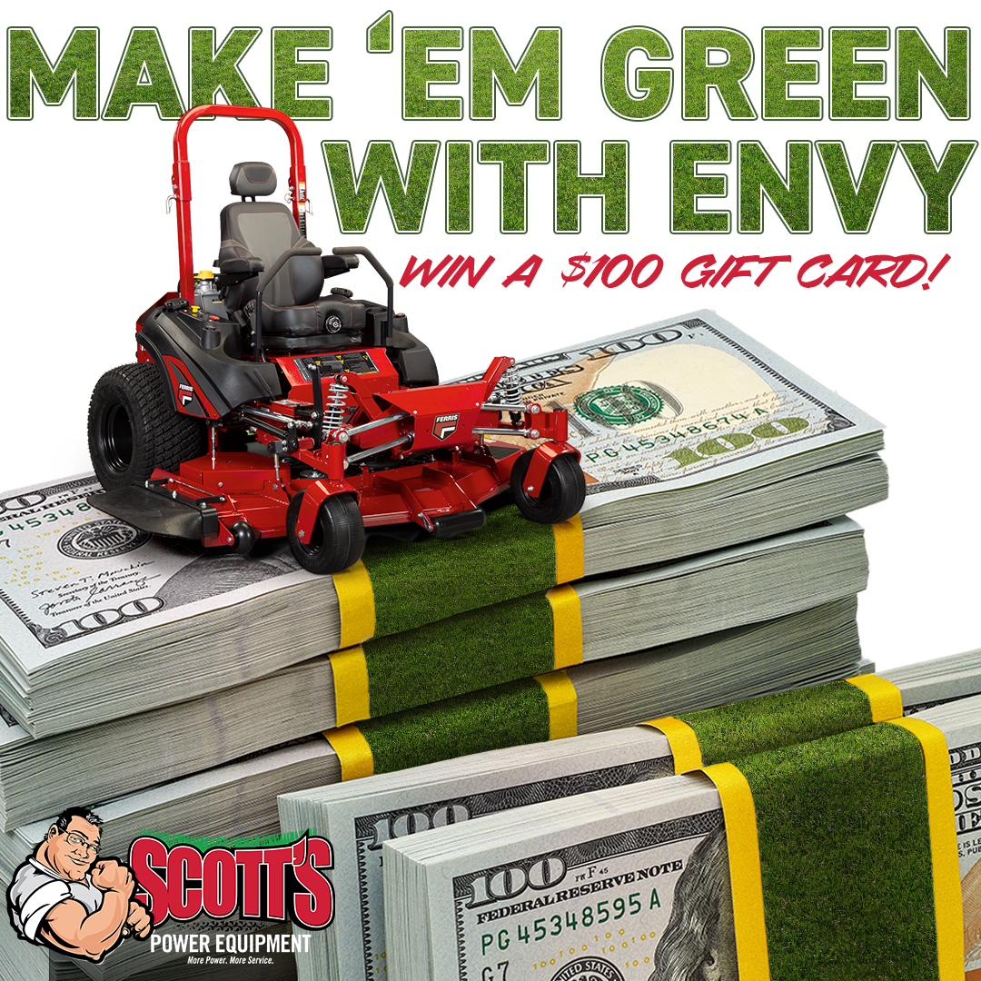 A lawn mower is sitting on top of a pile of money