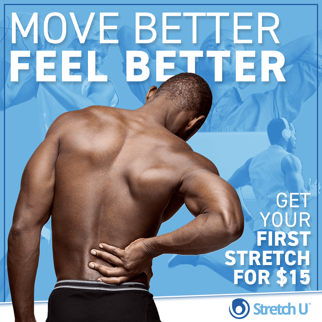An advertisement for stretch u shows a man holding his back in pain