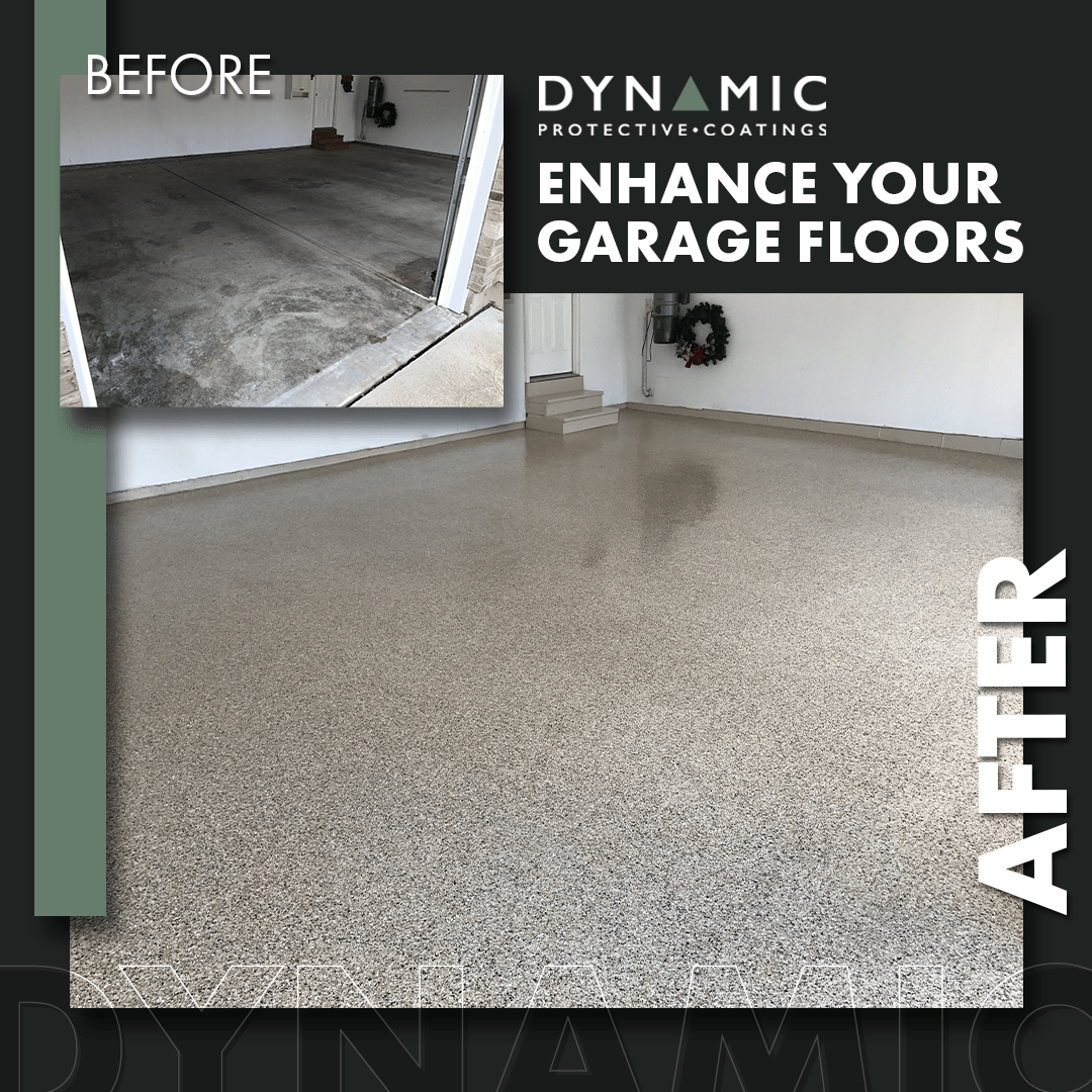 A before and after photo of a garage floor.