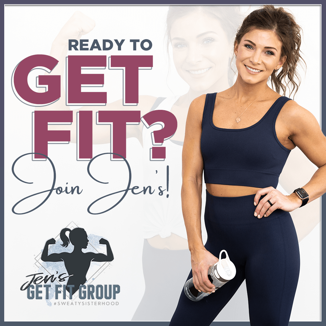 A woman is standing in front of a sign that says `` ready to get fit ? join jen 's ! ''