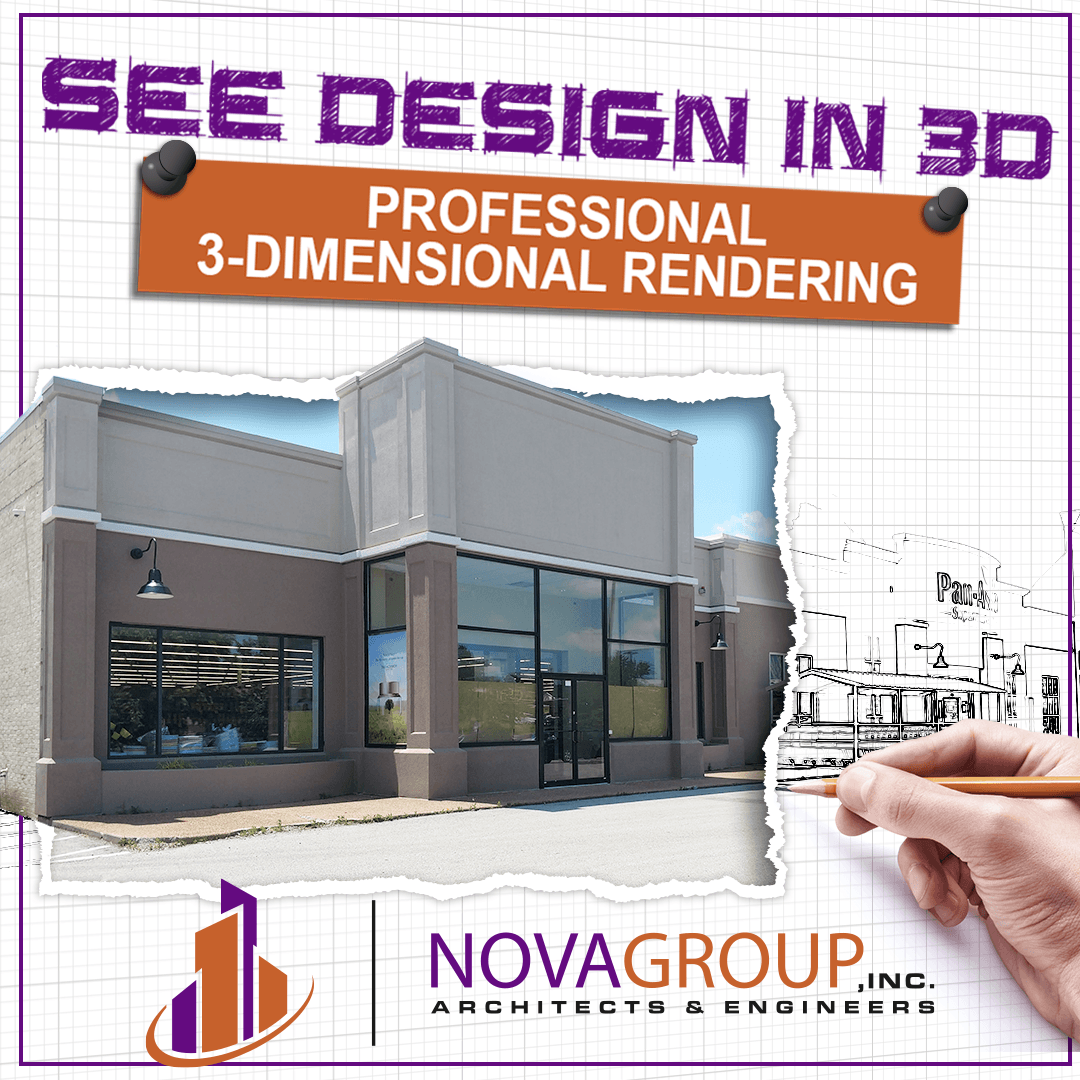 An advertisement for novagroup shows a 3d rendering of a building