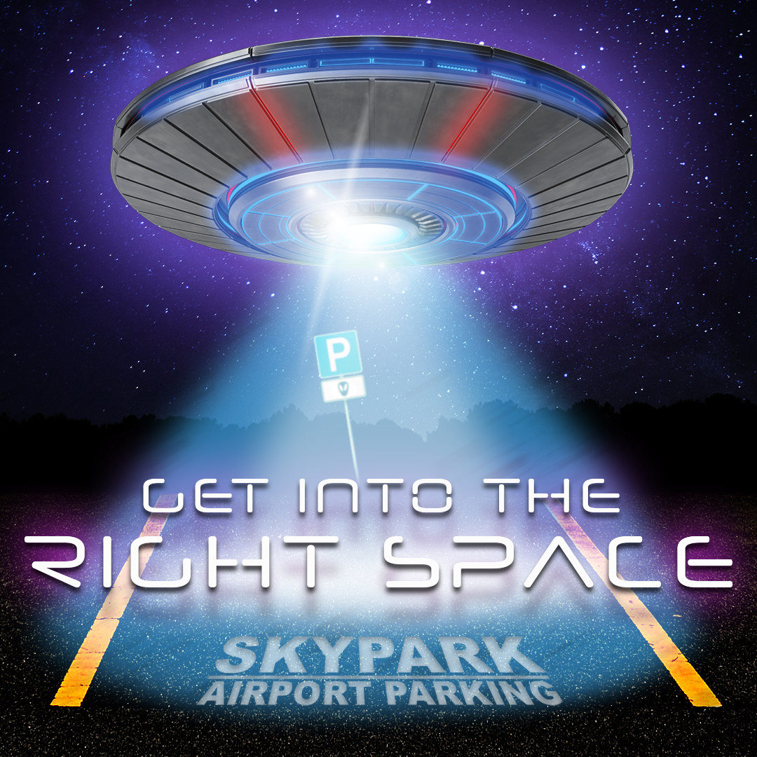 An advertisement for skypark airport parking with a flying saucer