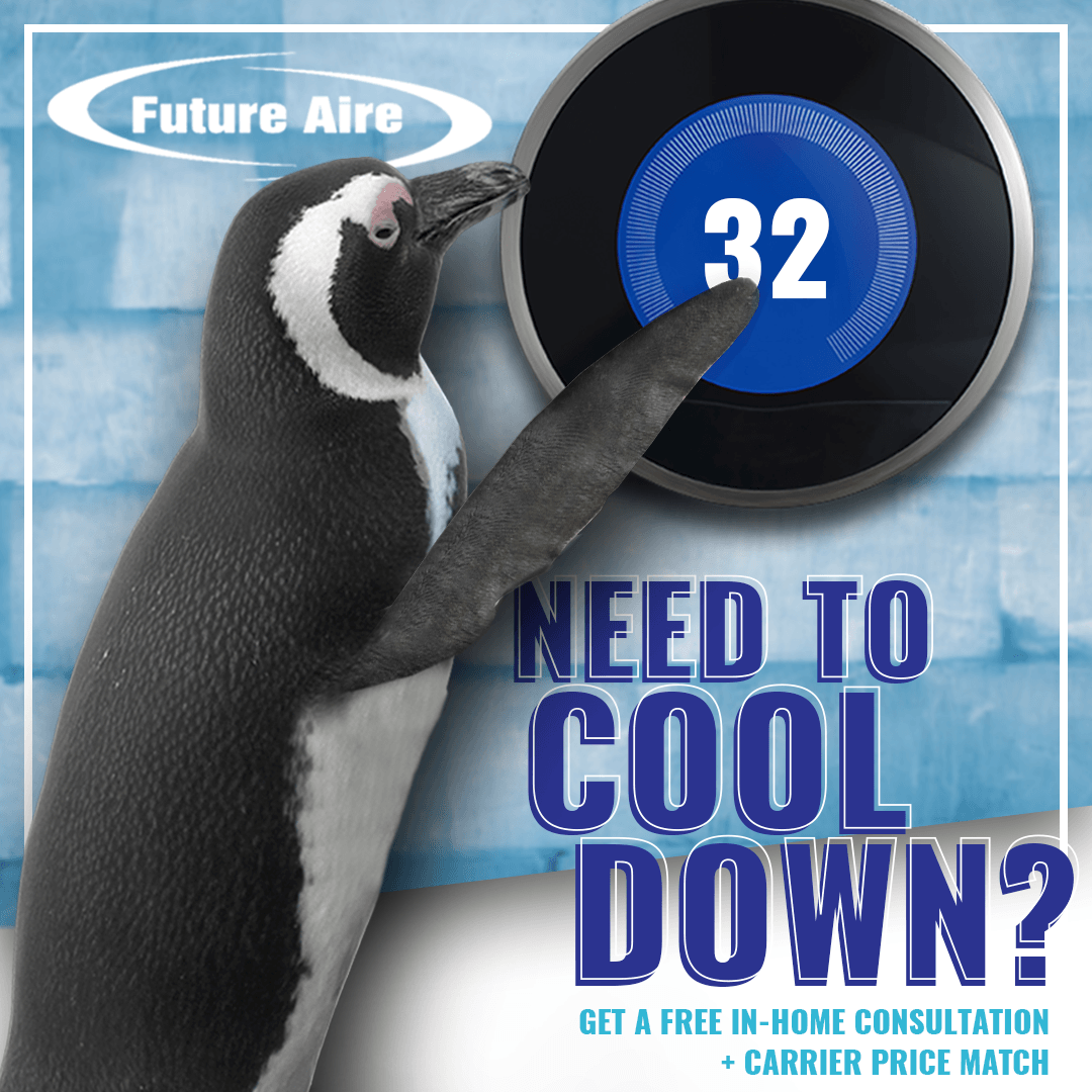 A penguin adjusting a thermostat with the number 32 on it