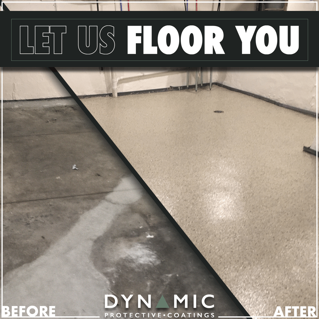 A before and after photo of a garage floor