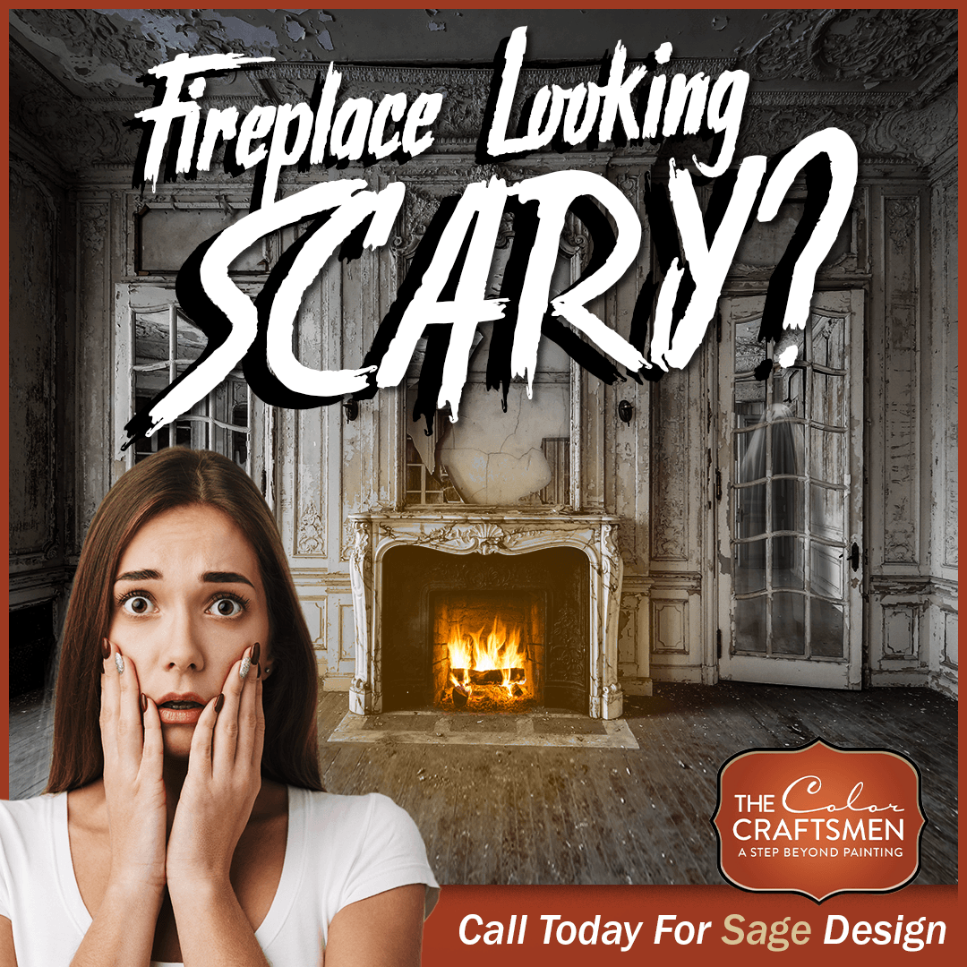 A woman is looking scared in front of a fireplace.
