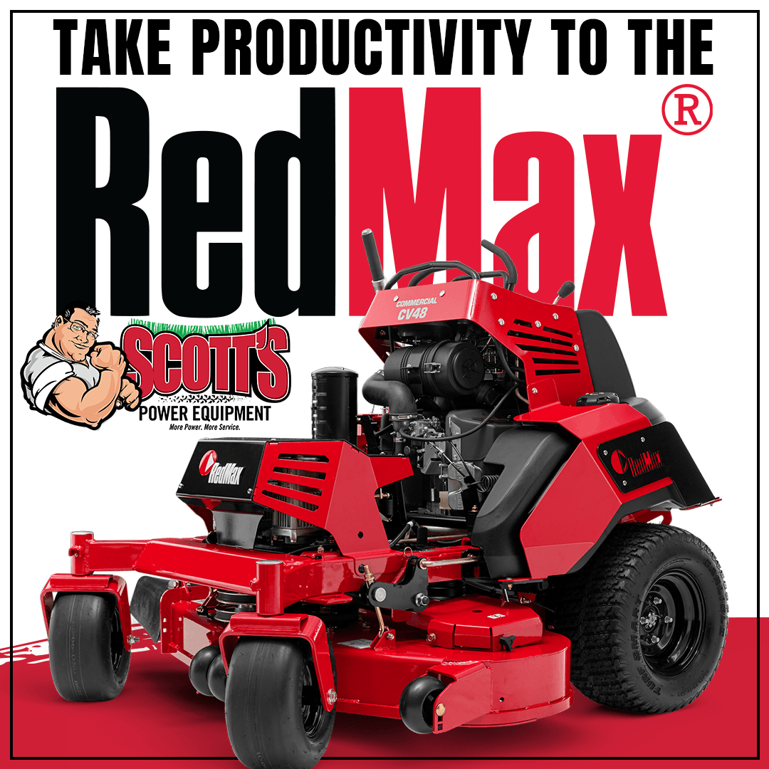 A red lawn mower that says take productivity to the red max