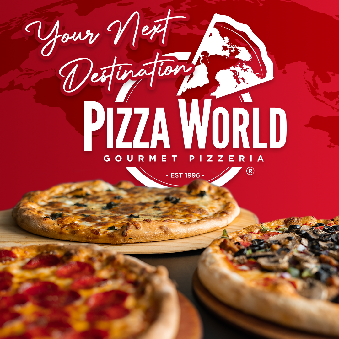 A pizza world gourmet pizzeria advertisement with three pizzas on a table
