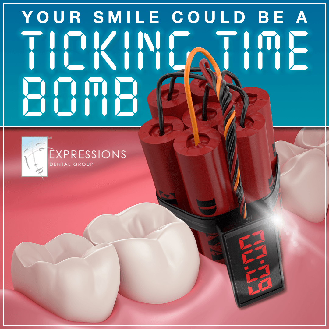 an image of a bomb in the gum near teeth to illustrate the need for dental care