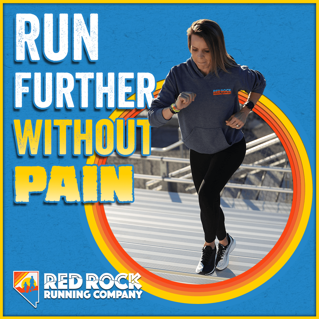 A woman is running down stairs with the words run further without pain