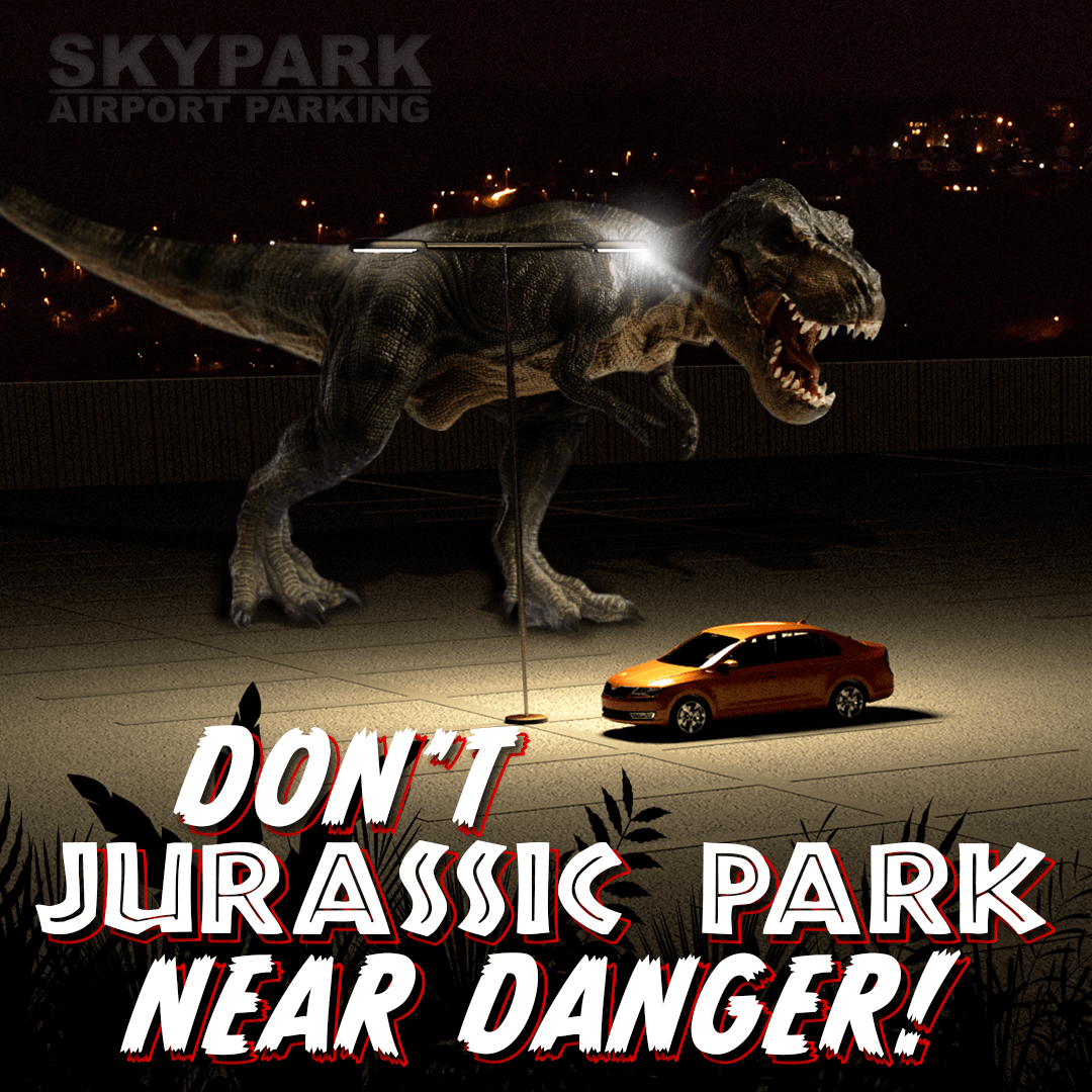 An advertisement for skypark airport parking with a dinosaur and a car