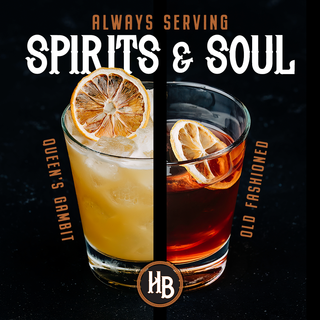 A poster that says always serving spirits and soul featuring 2 side by side cocktails
