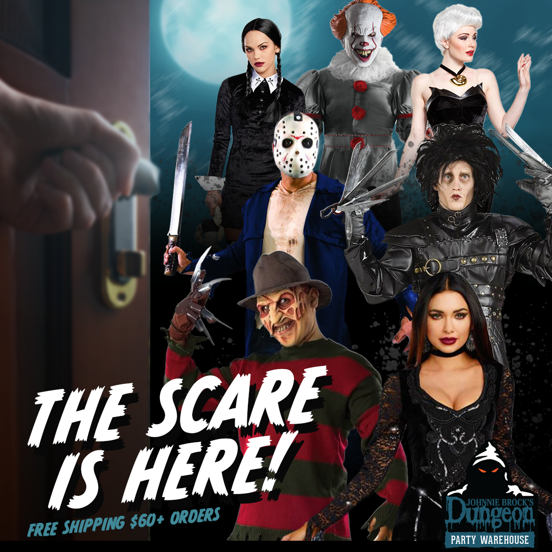 A poster that says the scare is here featuring a variety of horror themed halloween costumes