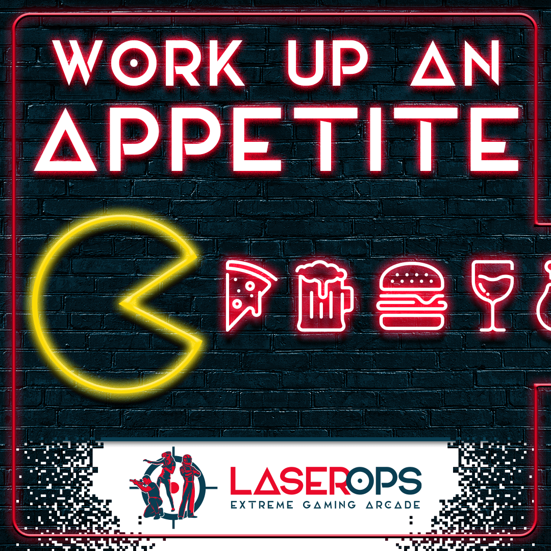 A neon sign that says `` work up an appetite '' is on a brick wall.
