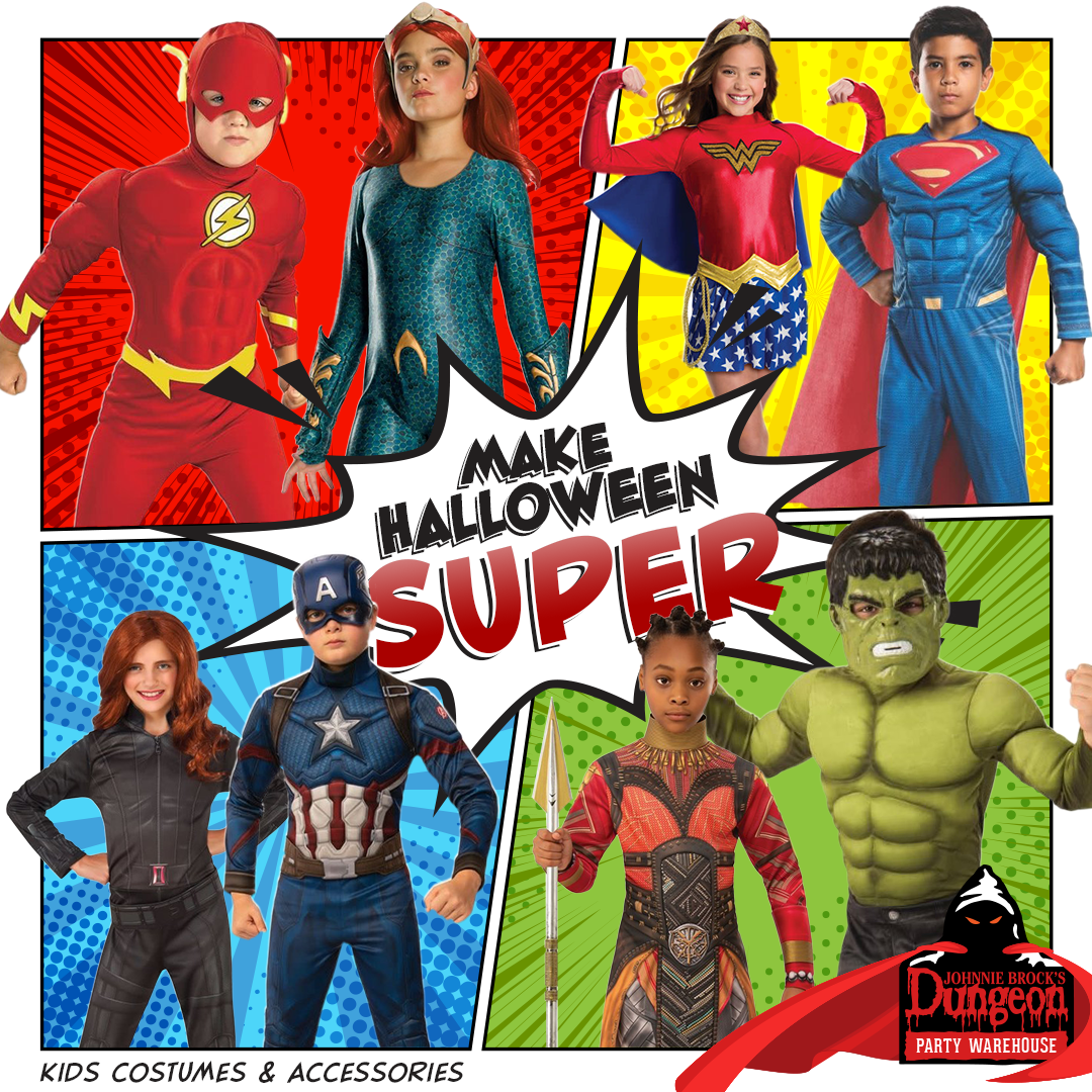 A group of children dressed in superhero costumes are standing next to each other.