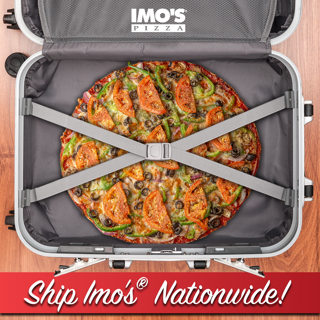 A pizza in a suitcase that says ship imo 's nationwide