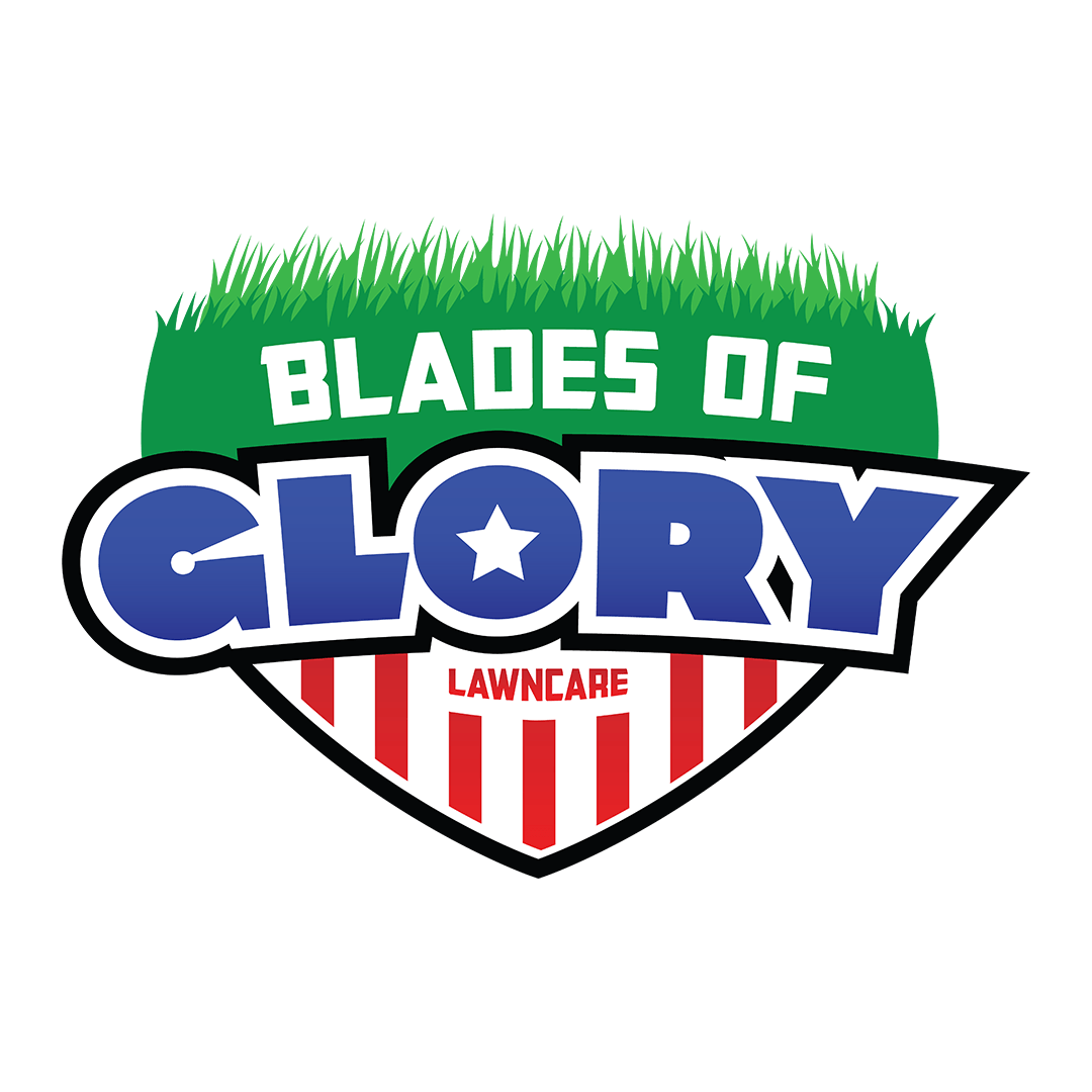 The logo for blades of glory lawncare is a shield with grass on it.