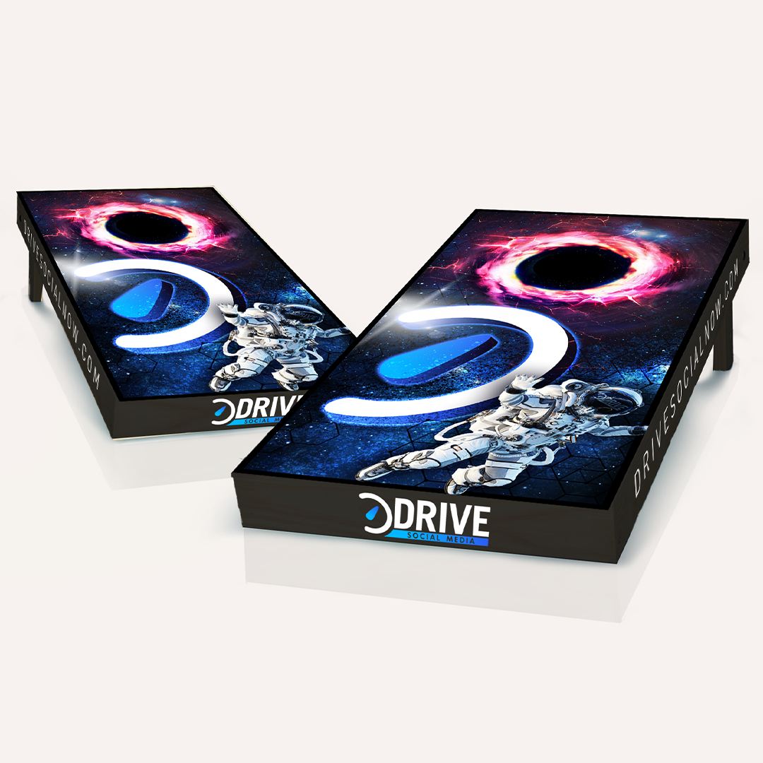 A pair of cornhole boards with an astronaut on them.