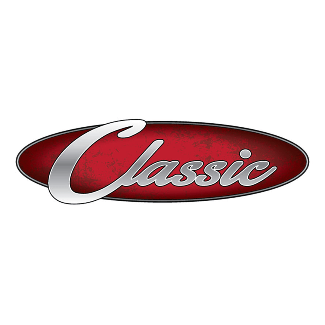 A red and silver classic logo on a white background.