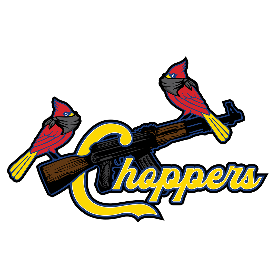 An image of two cardinals on an ak-47 and the word choppers