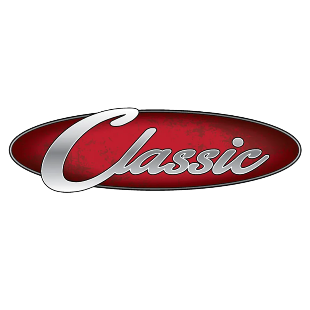 A red and silver classic logo on a white background