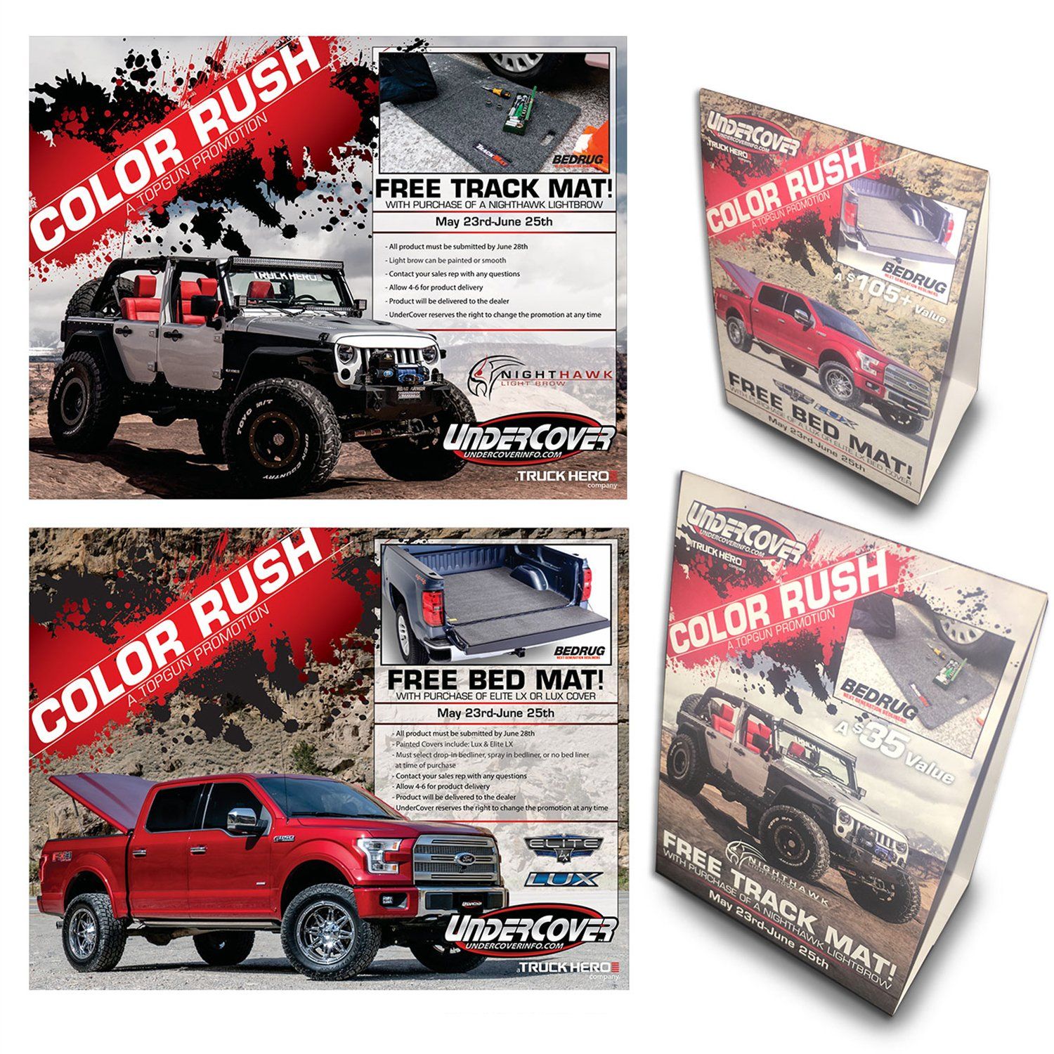 A jeep and a red truck are shown on a color rush advertisement
