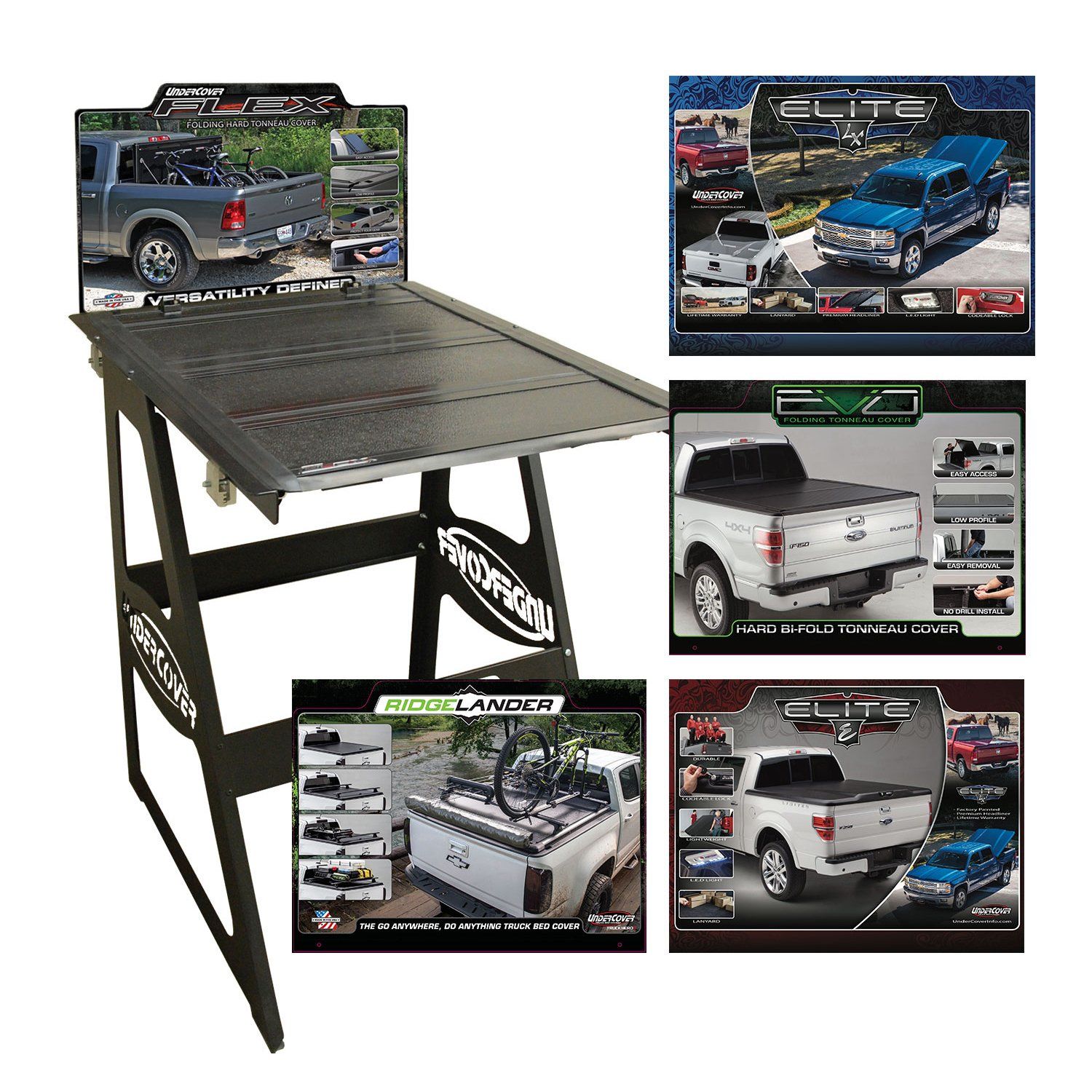 A folding table with a truck bed cover attached to it.