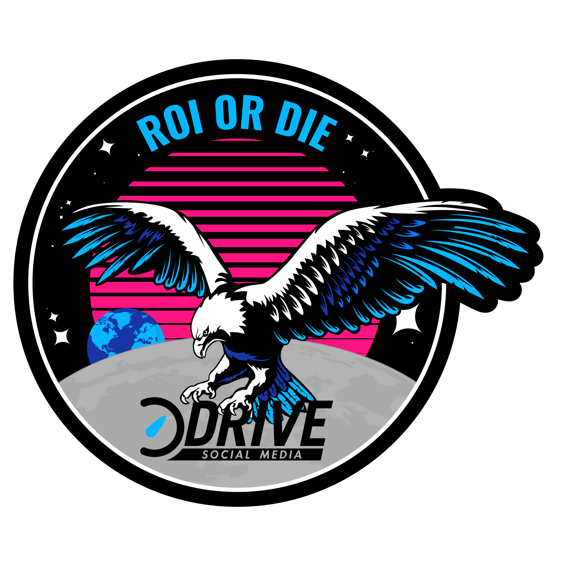 A logo for roi or die drive social media with an eagle in a circle.