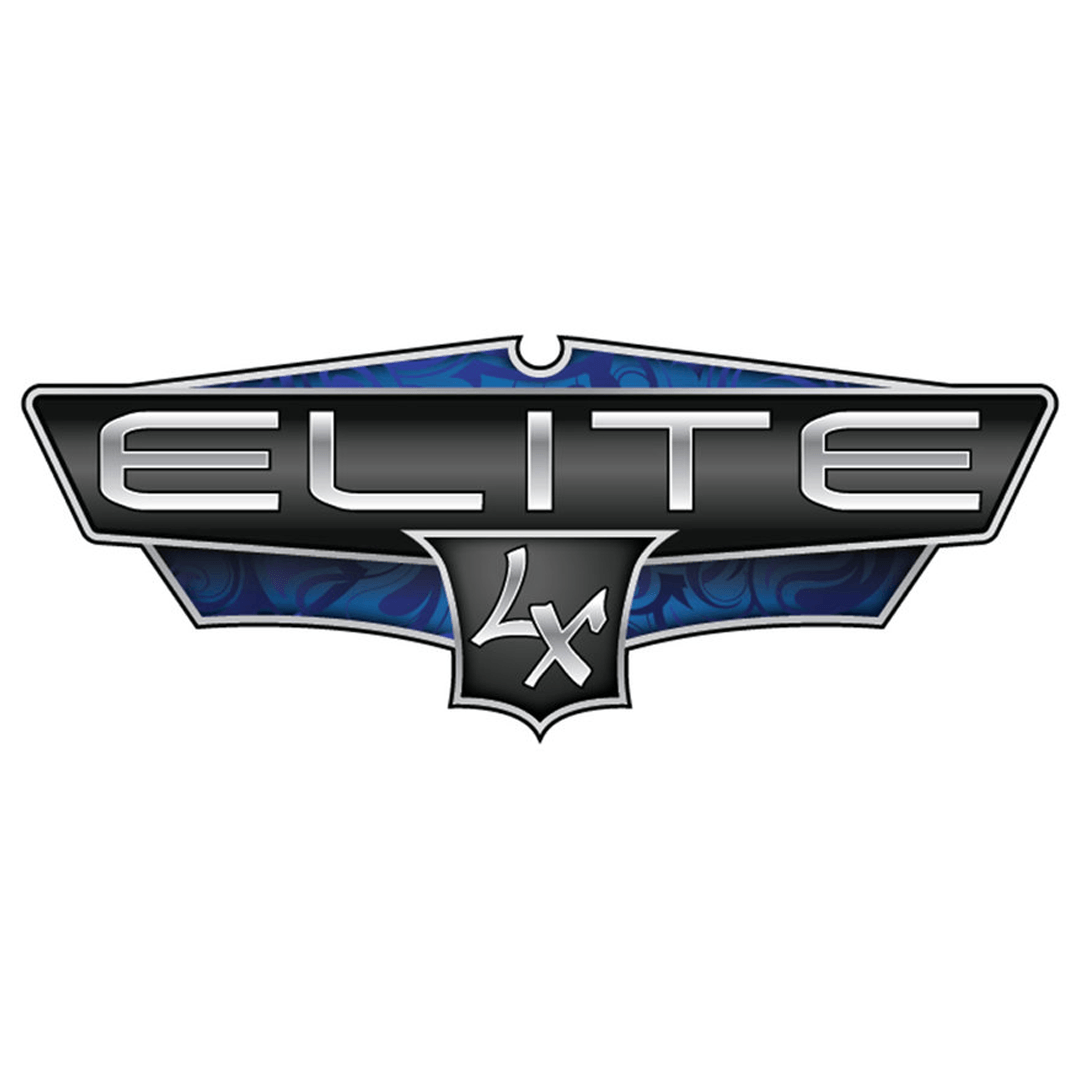 A blue and black logo for elite 4x on a white background.