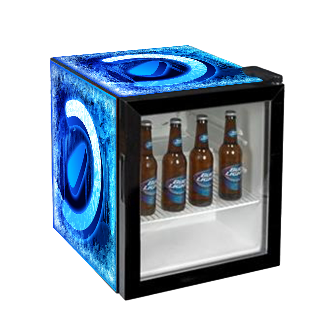 A cube shaped refrigerator filled with bud light beer bottles