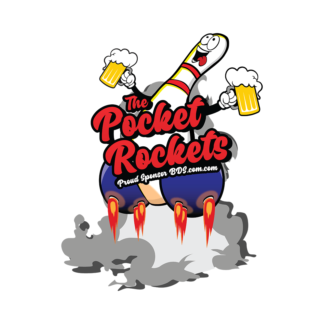 A logo for a bowling alley called the pocket rockets