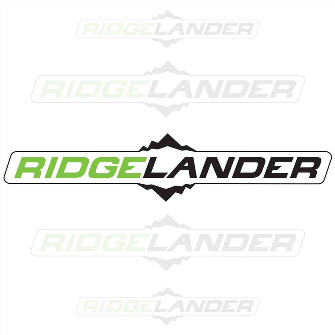 The logo for ridgelander is green and black with a mountain in the background.