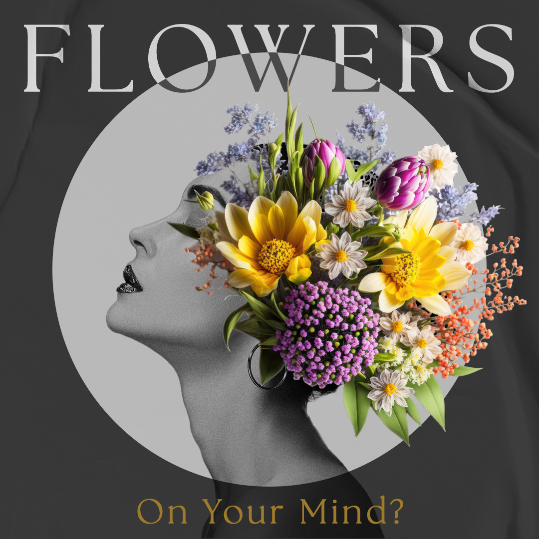 An ad for flowers on your mind shows a woman with flowers in her hair