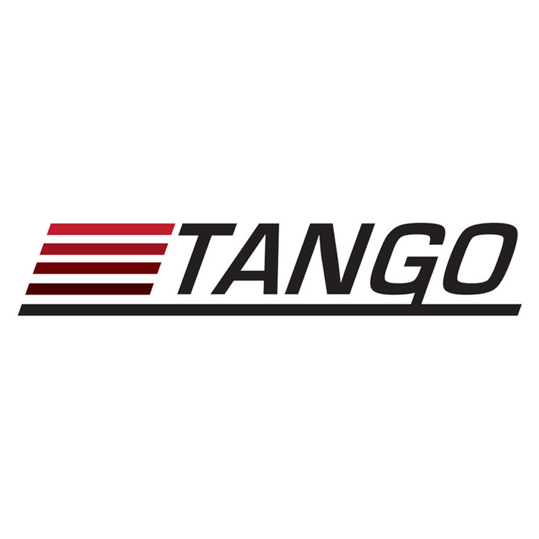 A red and black logo for tango on a white background.