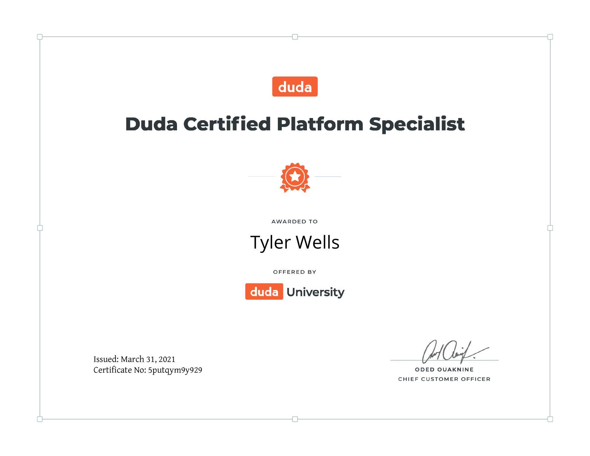 A certificate that says duda certified platform specialist tyler wells